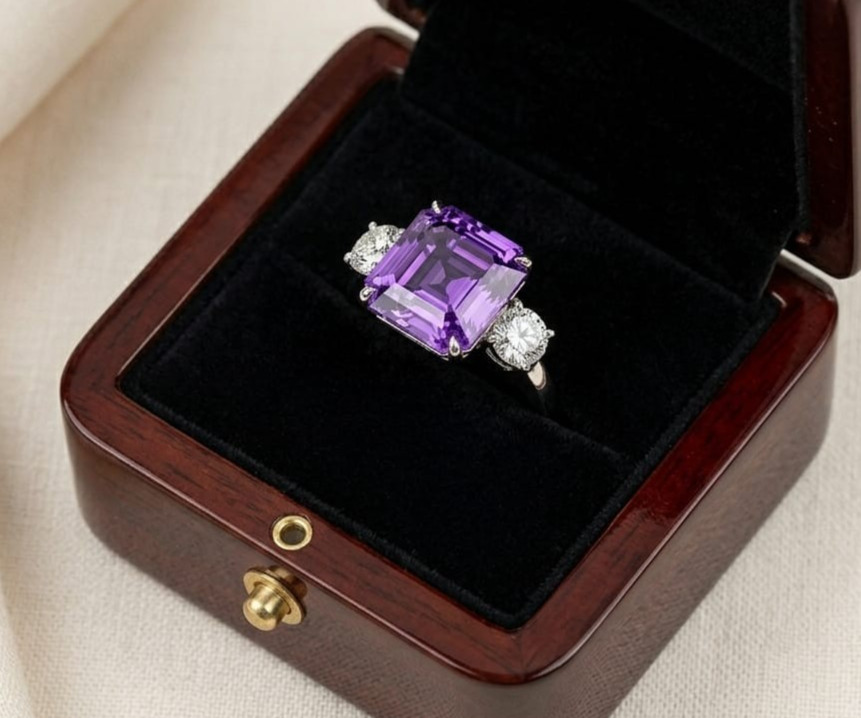 10.80 Ct Certified Asscher Purple Natural Diamond Ring VVS1 White Gold Finish