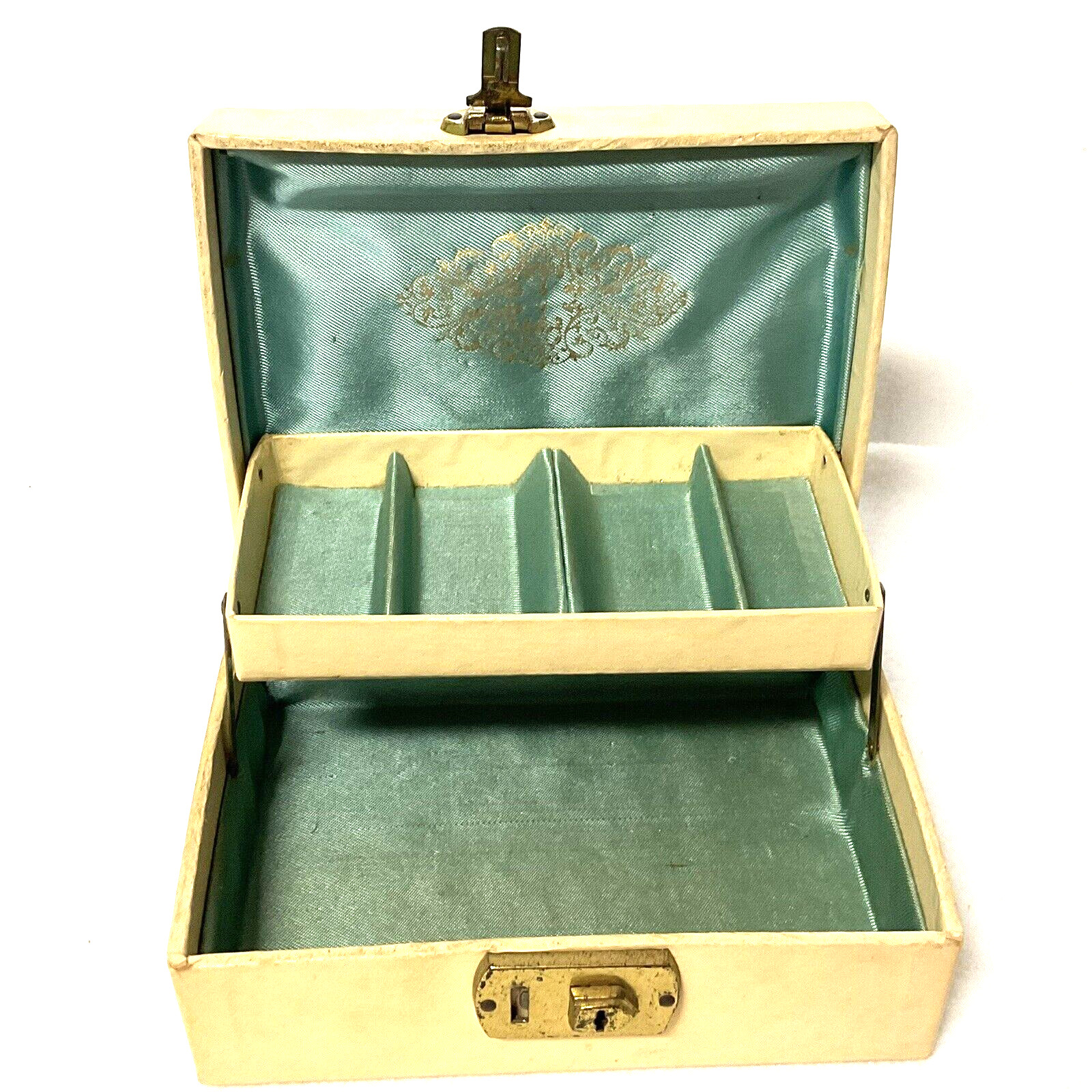 Vintage MCM 2 Level Beige/Gold Jewelry Box Sage Green Interior Flip Lock No Key