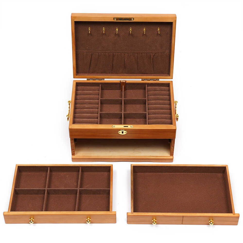 Large Capacity Wooden Jewelry Box 3 Layers + Safe Lock Retro Organizer Case
