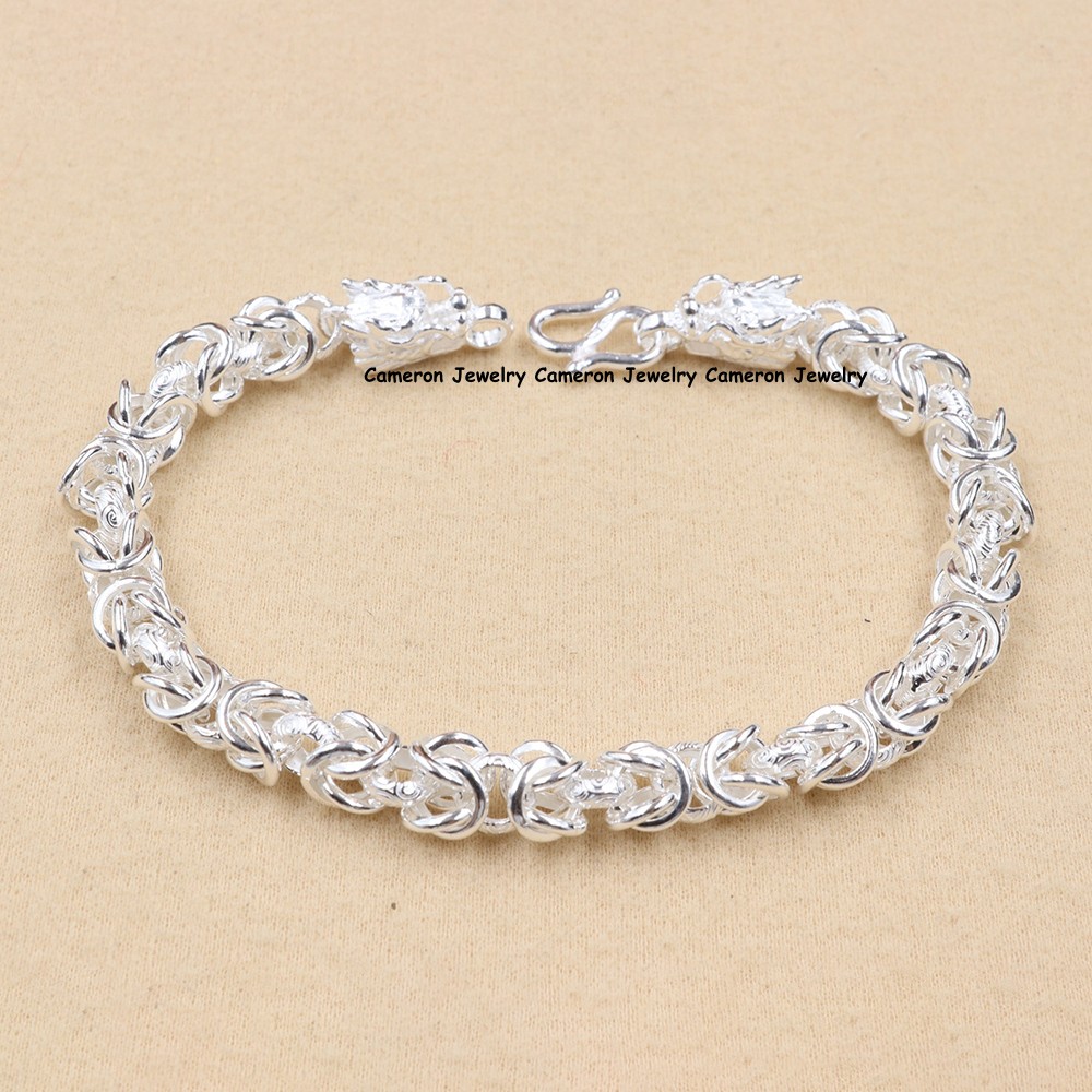 Pure S999 Fine Silver Dragon Head Chain Interlocking Link Bracelet 17-18g 8.26in