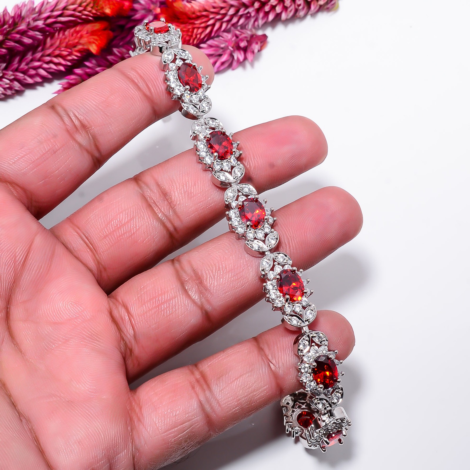 Ruby – Simulated)Spinel, CZ 925 Sterling Silver Tennis Bracelet B129021