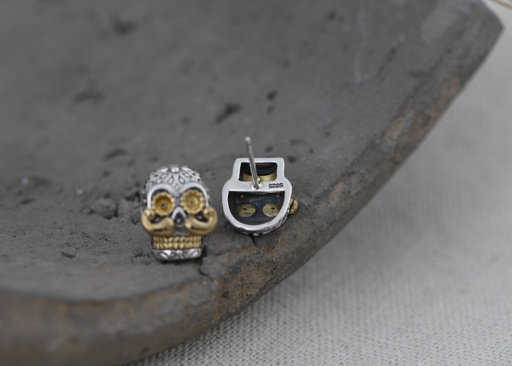 Sterling Silver Sugar Skull Earrings Copper Mustache Studs Day of Dead Jewelry