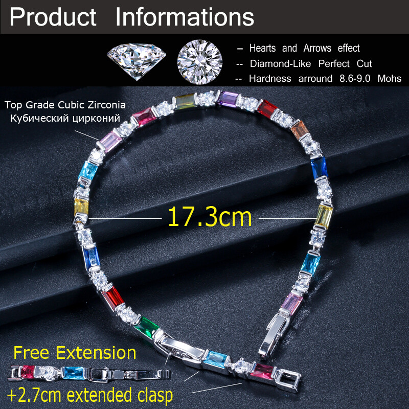 Silver Plated Fashion CZ Red Green Blue Crystal Charm Tennis Bracelets for Women