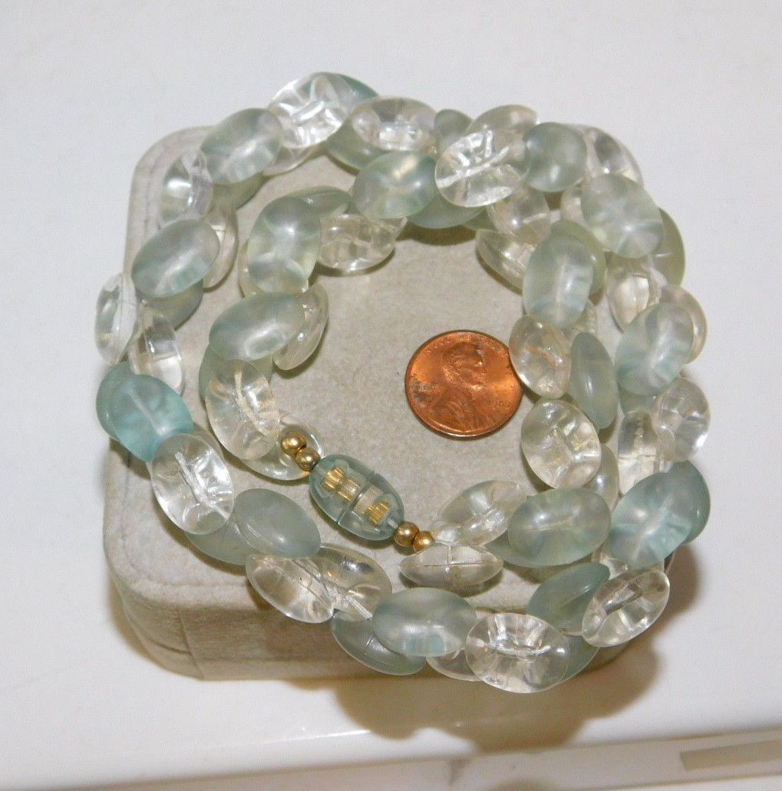 Chunky Bead shaped Bead Strand Frosted Pale Blue Clear 19″ Necklace 8c 90