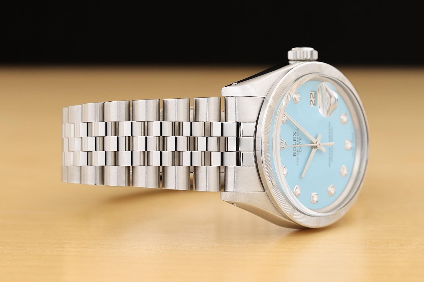 ROLEX OYSTER PERPETUAL DATE 1501 34MM STEEL AQUA BLUE DIAMOND JUBILEE WATCH