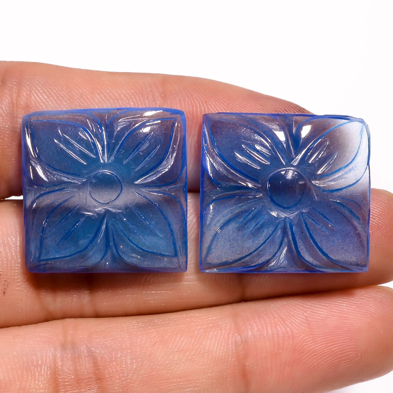 58.85 Ct. Blue Hydro Quartz Square Carved Gemstone 22X22 23X21 mm 2 Pcs A-2859