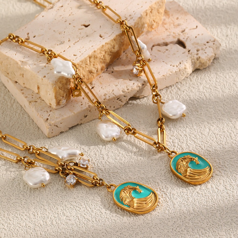 18K Gold Plated French style Wave Enamel Imitation Pearl Bracelet Necklace Set