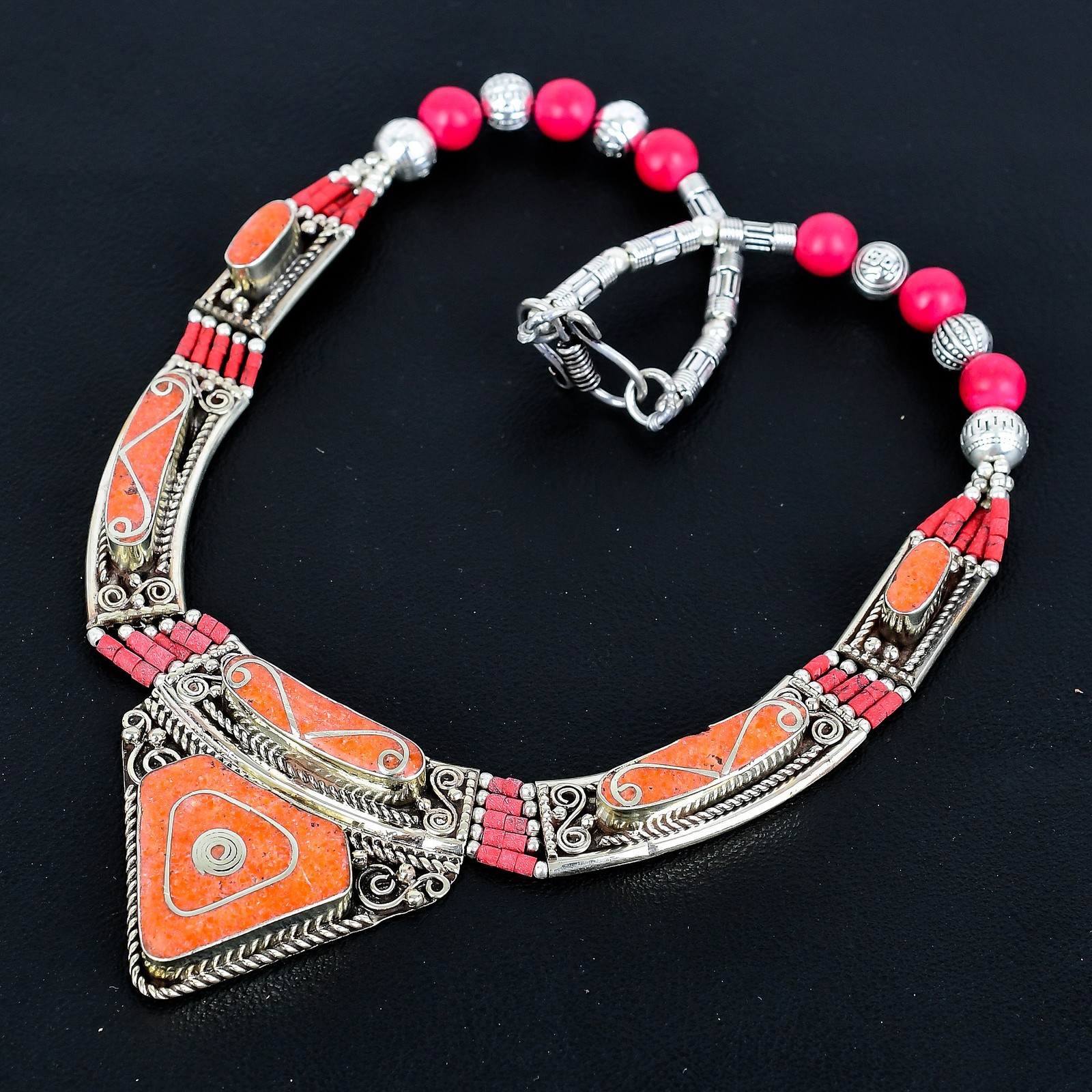 Red Coral 925 Sterling Silver Tibetan Handmade Amazing Nepali Necklace 18″ PG134