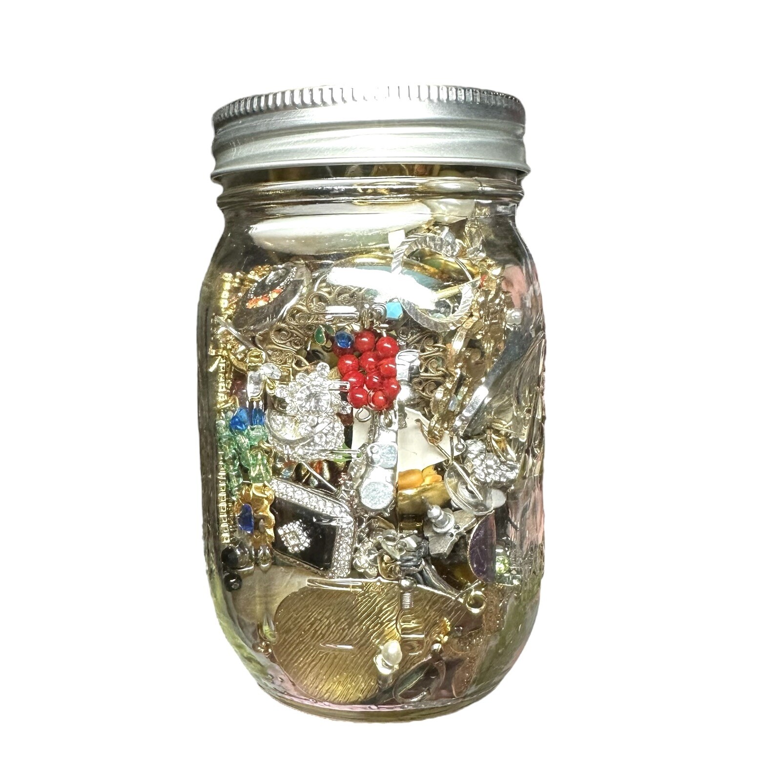 1+Lb Full (1) Ball Mason Jar Mystery Lot All Wearable Jewelry GUC Necklaces Etc.