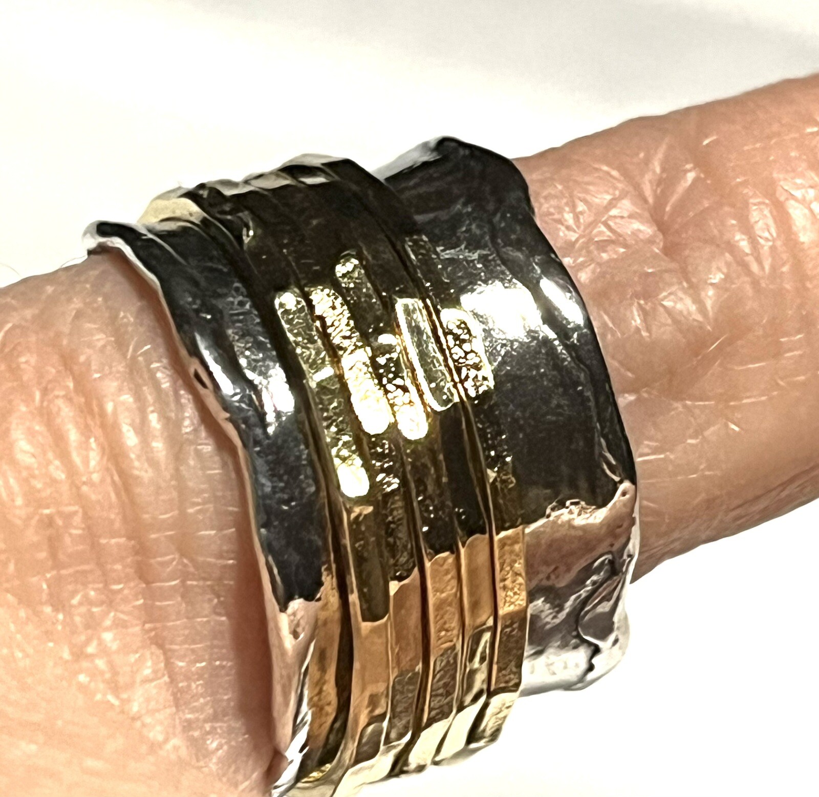 NWOT OR PAZ 925 STERLING SILVER HAMMERED TWO TONE SPINNER RING SZ 9.5 ISRAEL PZ