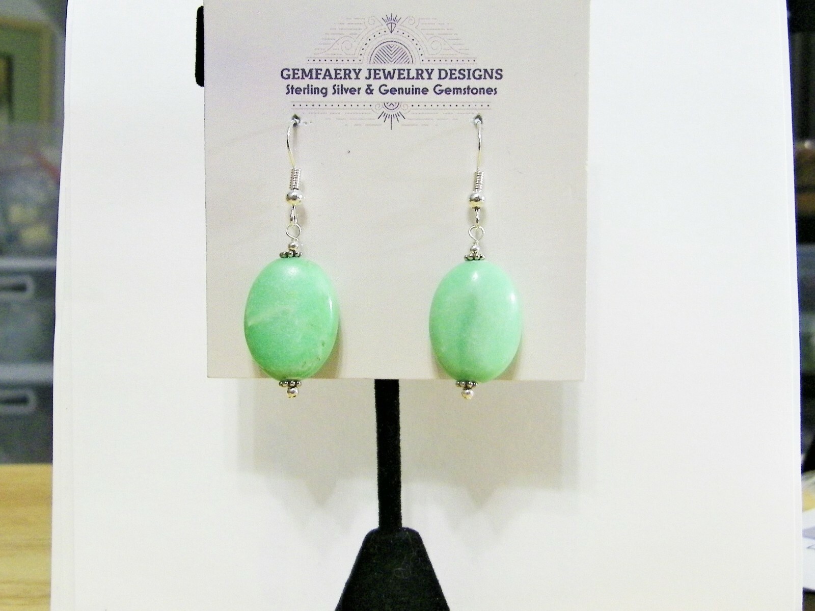 Sterling Silver Green CHRYSOPRASE Gemstone Dangle Earrings #1145…Handmade USA