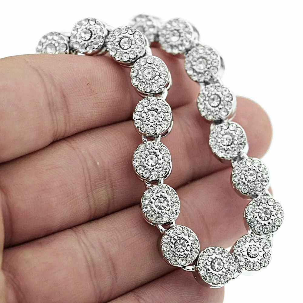 Men’s Flower Cluster Chain Simulated CZ Iced Flooded Out One Row Silver Tone 36″