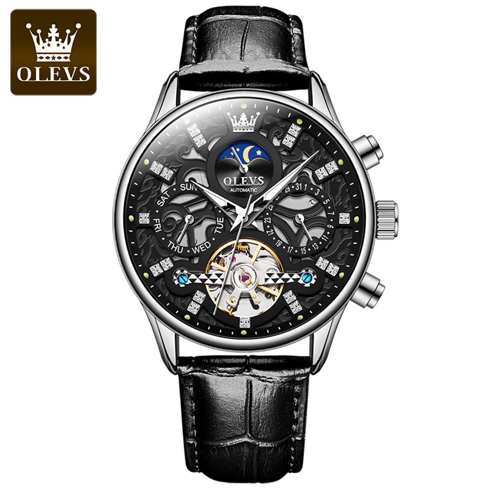 OLEVS Mechanical Watch Moon Phase Waterproof Tourbillon Men Wristwatch