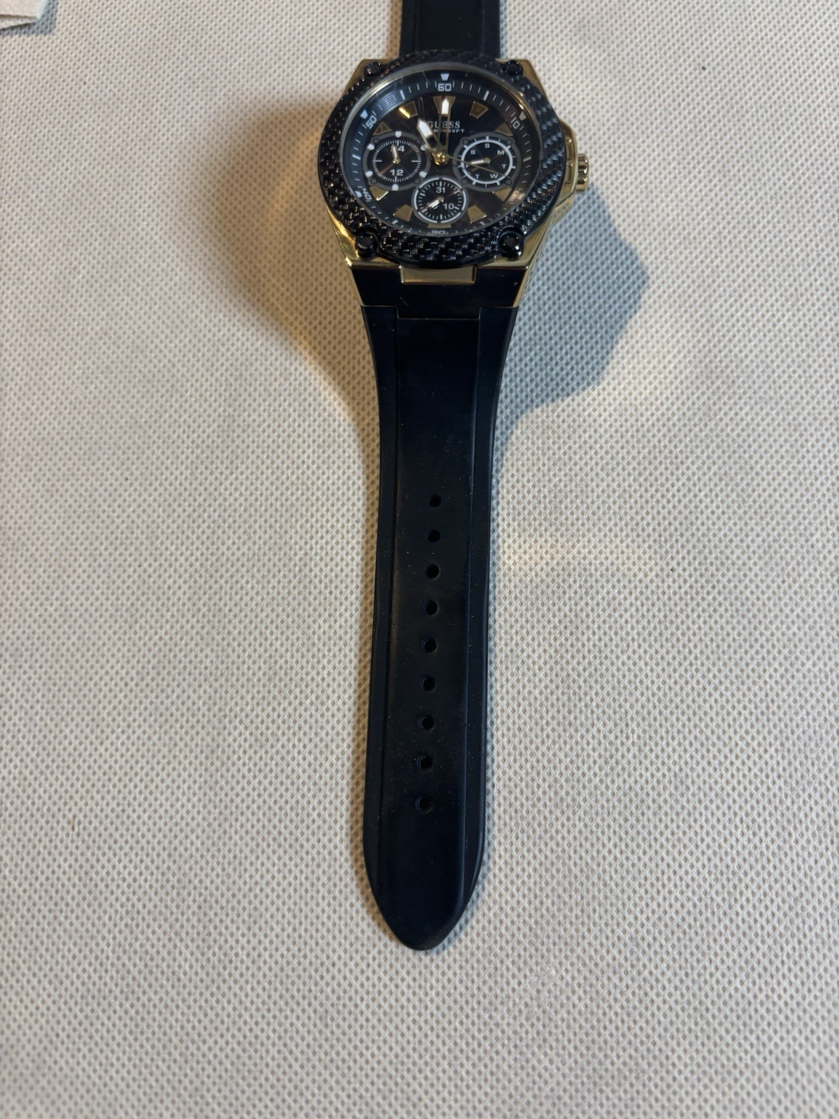 Guess Sport Men’s Black Gold Quartz Watch Silicone Band Day Date WR 30M