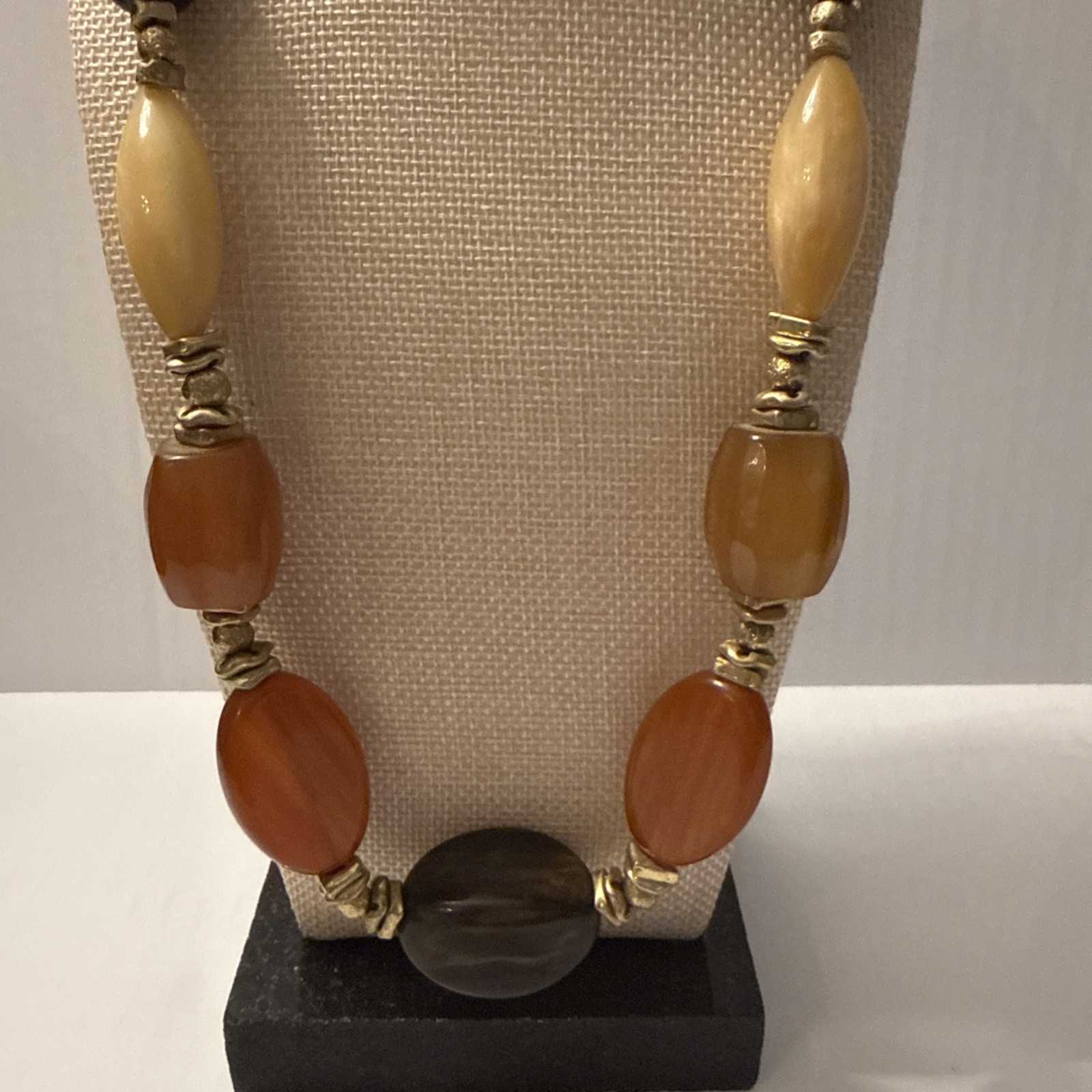 Vtg Amber & Lucite Earth Tone Bead Long Strand Necklace Retro Boho Chic 23” Adj.