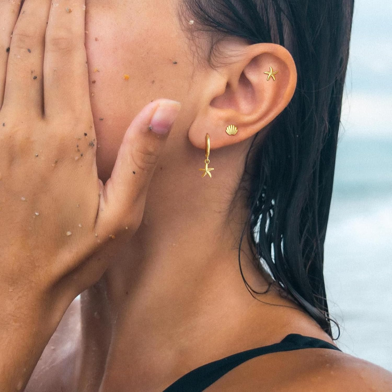 3 Pairs 14K Gold Plated Dangle Earrings Set for Women, Dainty Seashell Starfish