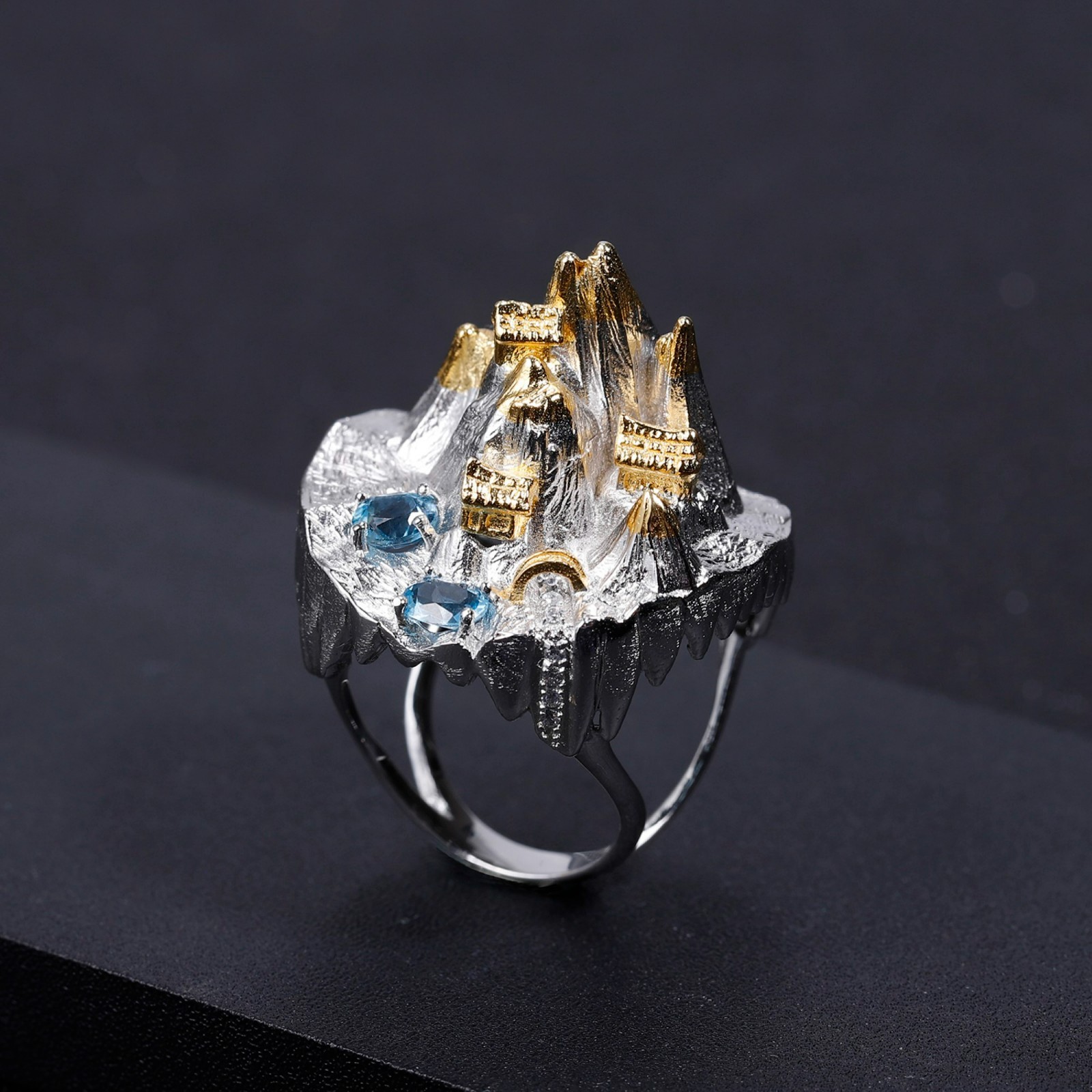 Natural Blue Topaz 0.86 CT Sterling Silver Gold Plated scenic Ring