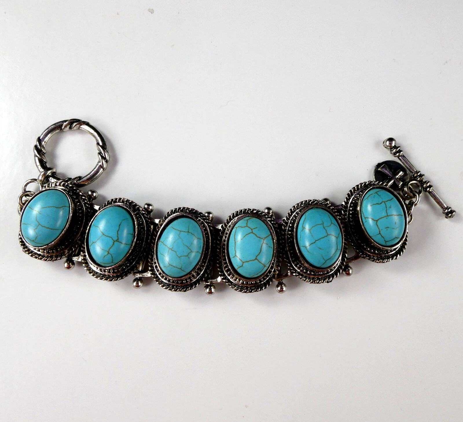 West & Co Faux Turquoise Cabochon Link Bracelet Silver Tone Toggle Clasp