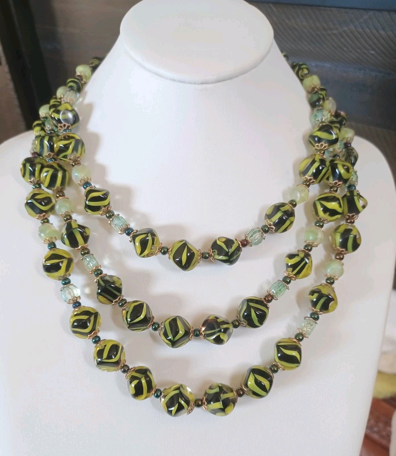 Rare Hobe Chartreuse 3 Strand Beaded Necklace Green Black Marble Swirl Art Glass