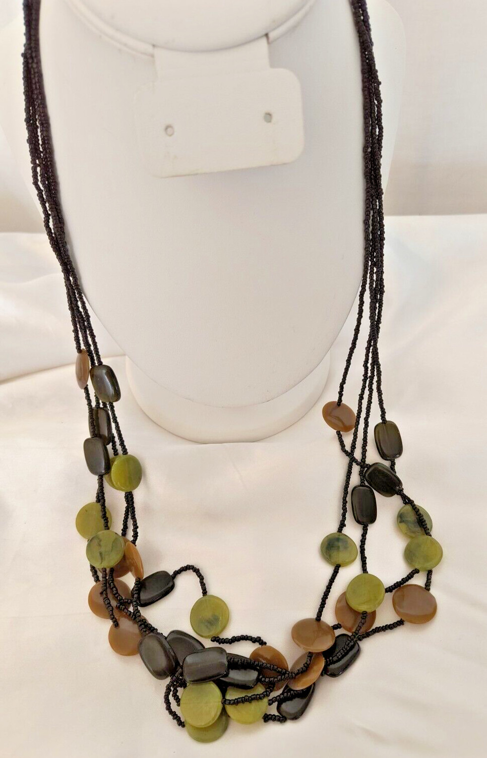 Women’s Necklace Beaded Multistrand Black Brown Green Black Discs Vintage