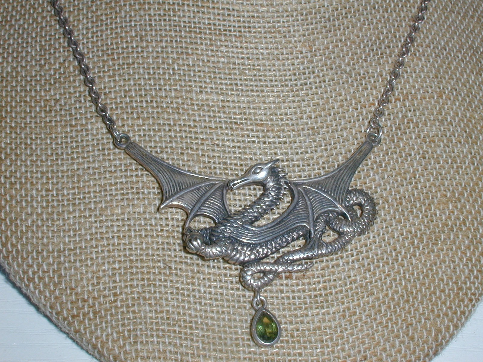 VINTAGE STERLING PSCL- MOLDAVITE DRAGON NECKLACE- ADJUSTABLE LENGTHS-16, 17, 18″
