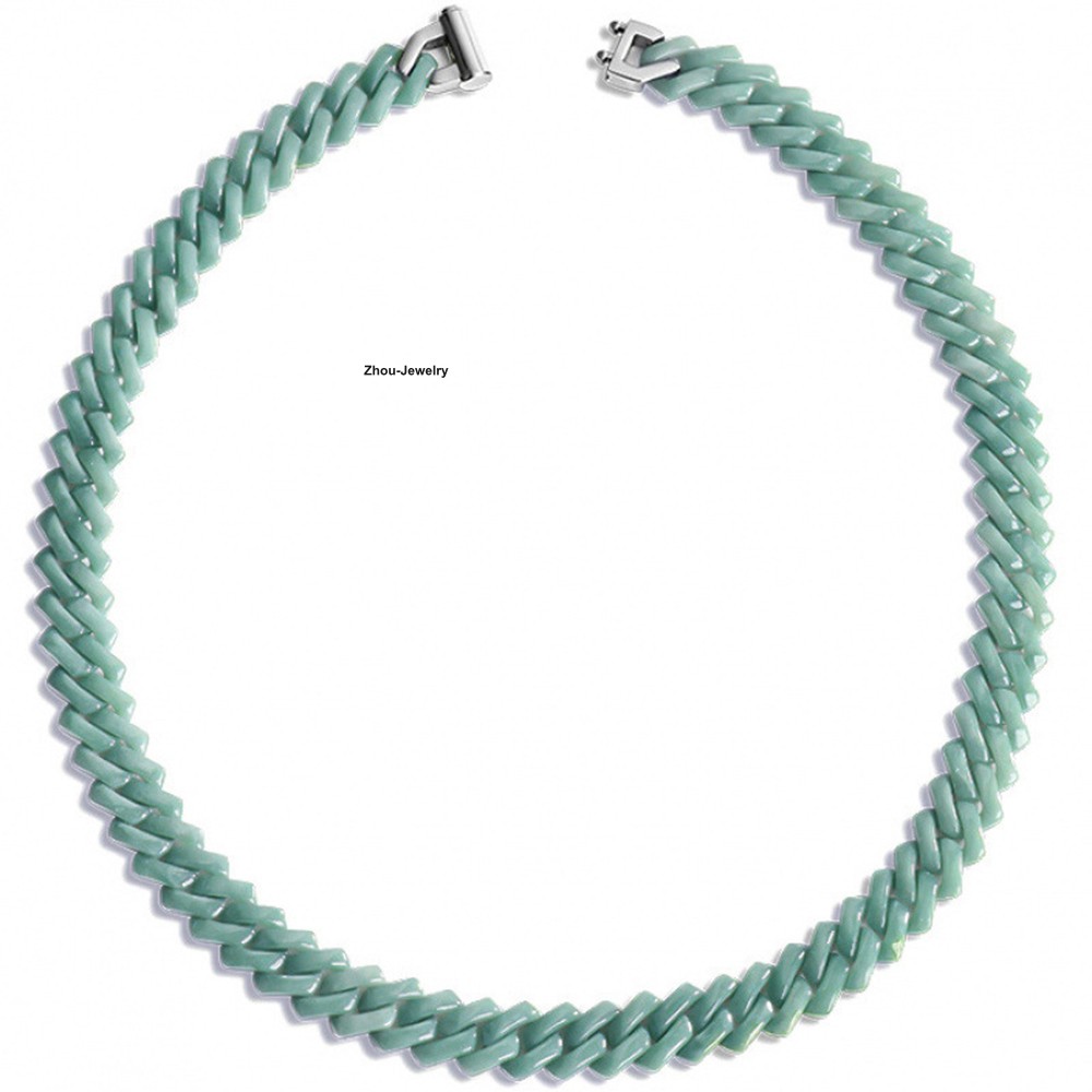 Natural Blue Water Jadeite Cuban Link Chain Necklace -Authentic Gemstone Jewelry