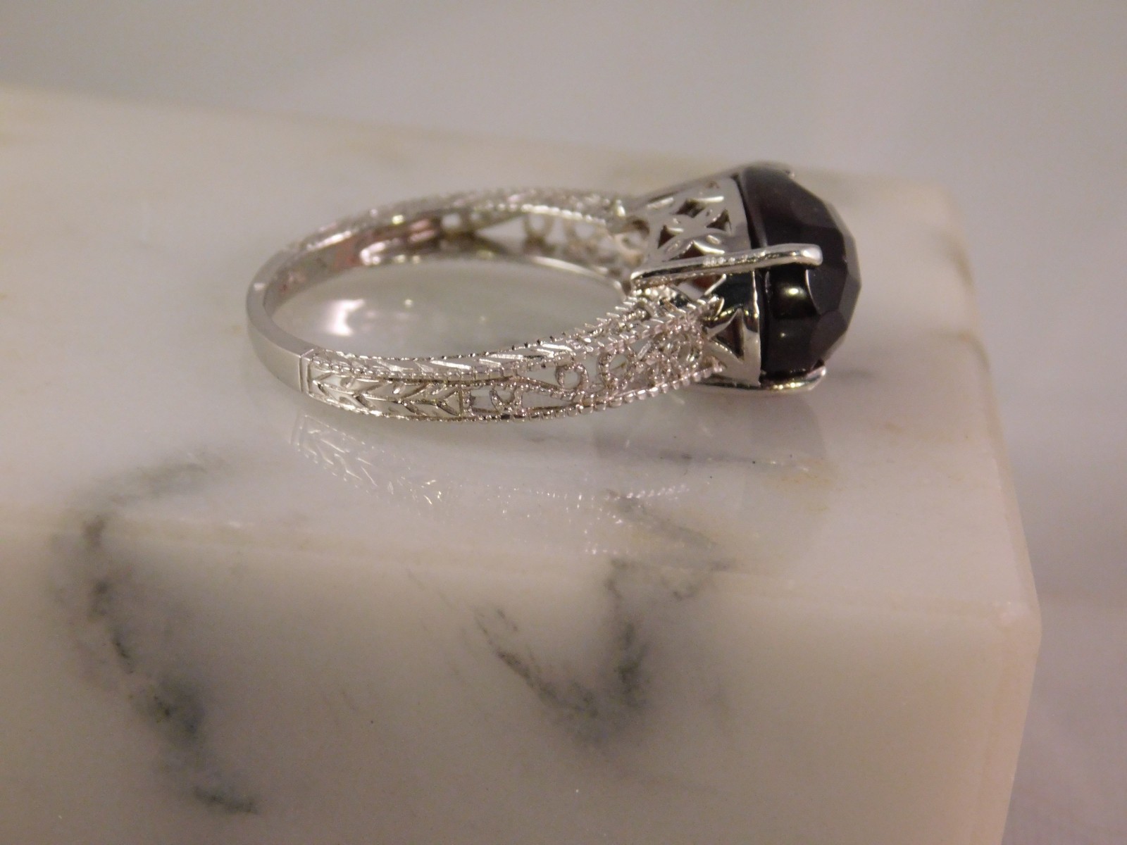 6.80 Ct. Oval Red Rosecut Garnet Ring 1920’s Style Sterling Silver Filigree