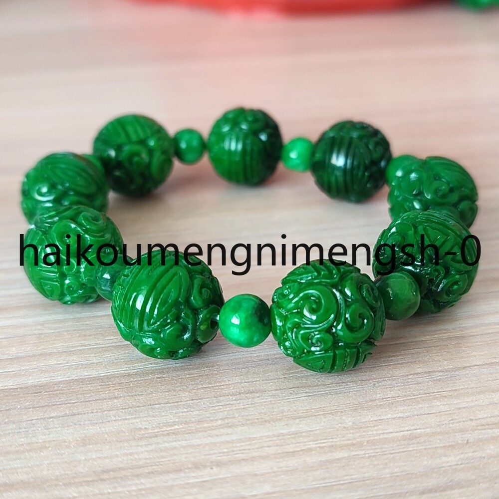 16mm Natural Green Burma Jade jadeite Carved RUYI Round Beads Bracelet 7.5″