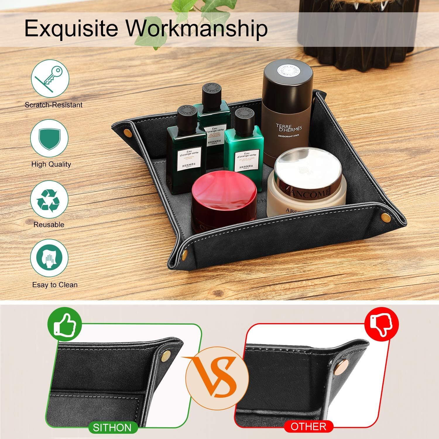 Leather Valet Tray Table Desktop Storage Organizer Nightstand Caddy Holder Gift