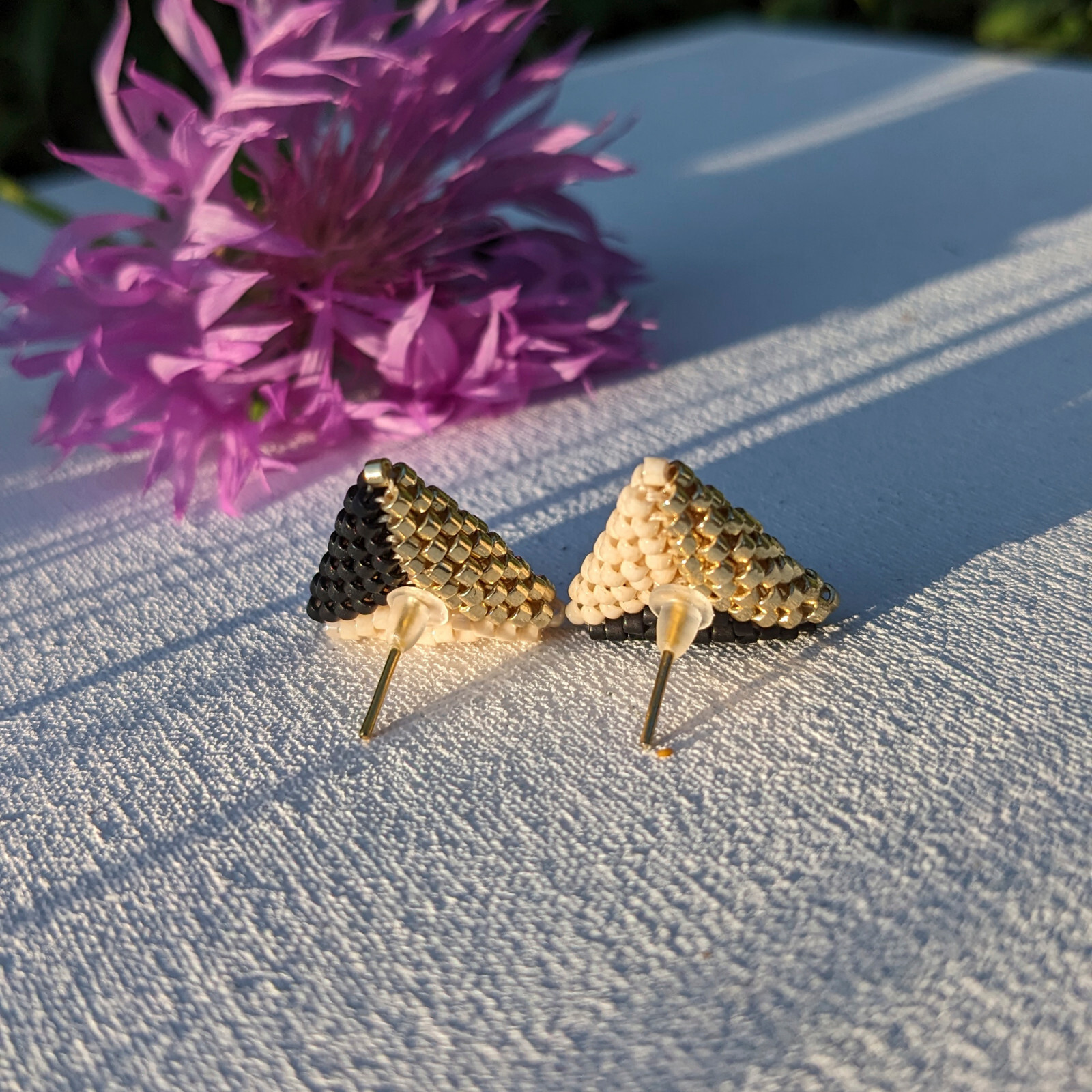 Color block miyuki beaded earrings, Triangle geometric seed bead stud earrings