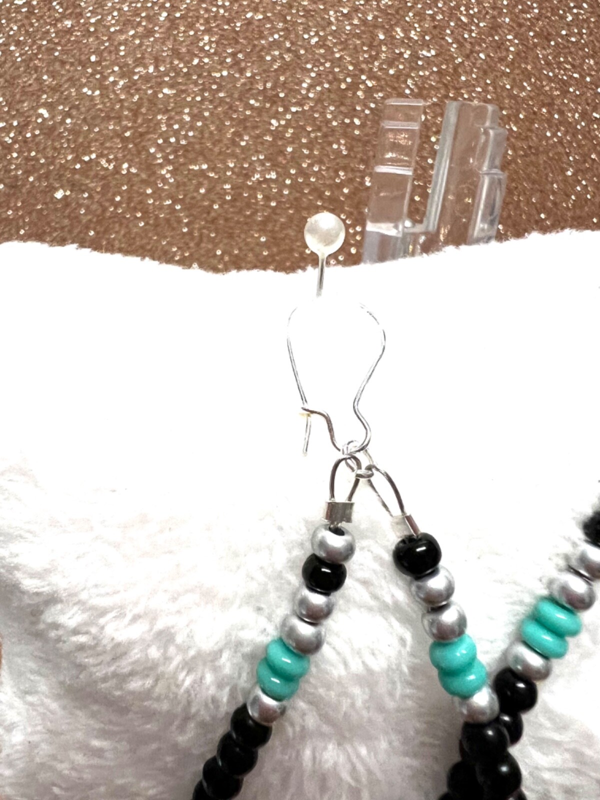 Black Seed Bead Teardrop Sterling Earrings W Turquoise Roundelle Beads 3 3/4 In