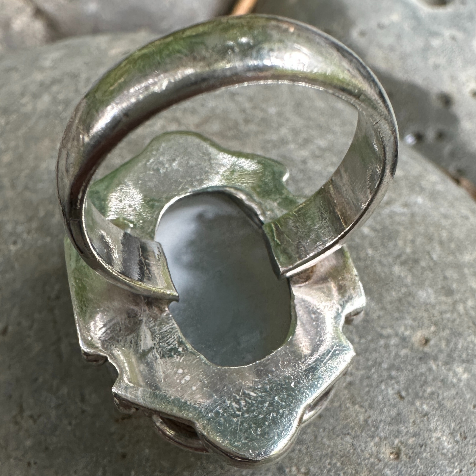 Oval Moonstone Bezel Ring in Sterling Silver SZ 5.5 w Applied Frame Design, 10g
