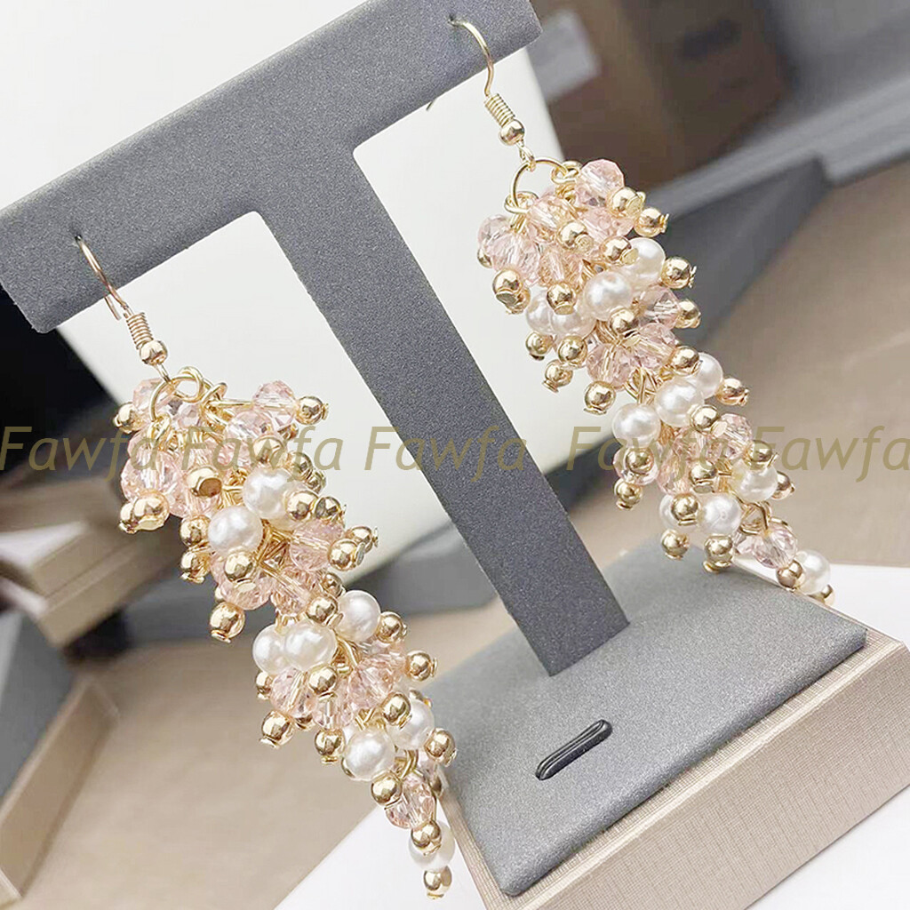 4mm Round White Shell Pearl 3x4mm Faceted Pink Crystal Dangle Gold Hook Earrings
