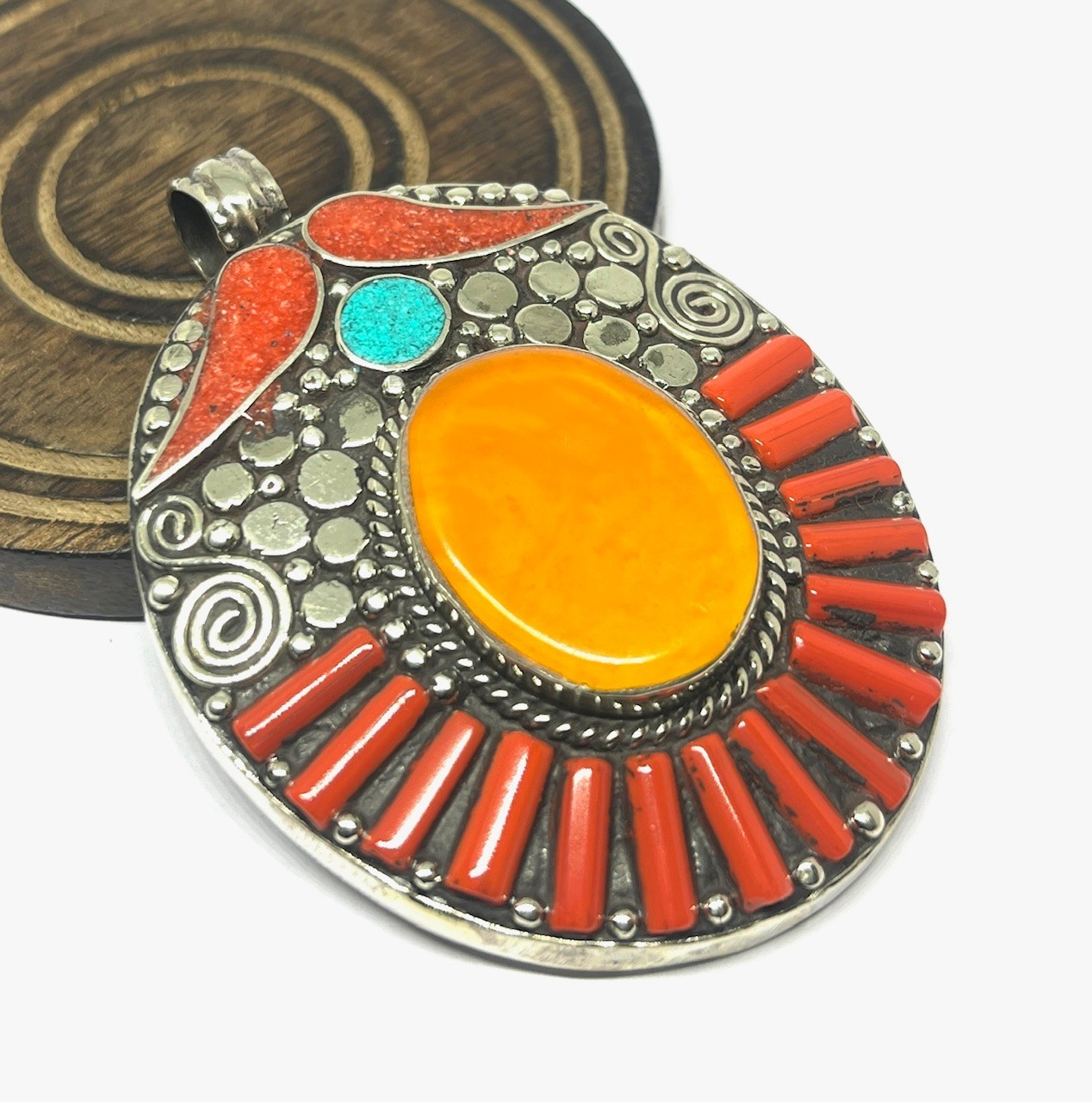 Art Deco Amber Coral Gemstone Tibetan Style Boho Pendant Jewelry, 2.8 inch
