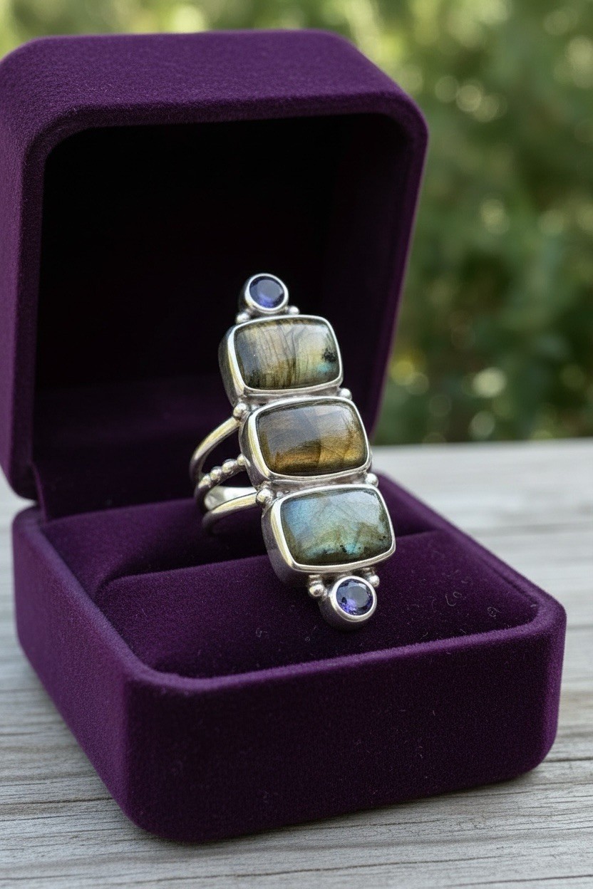 Sajen 925 Sterling Silver Labradorite and Amethyst Ring Size 9