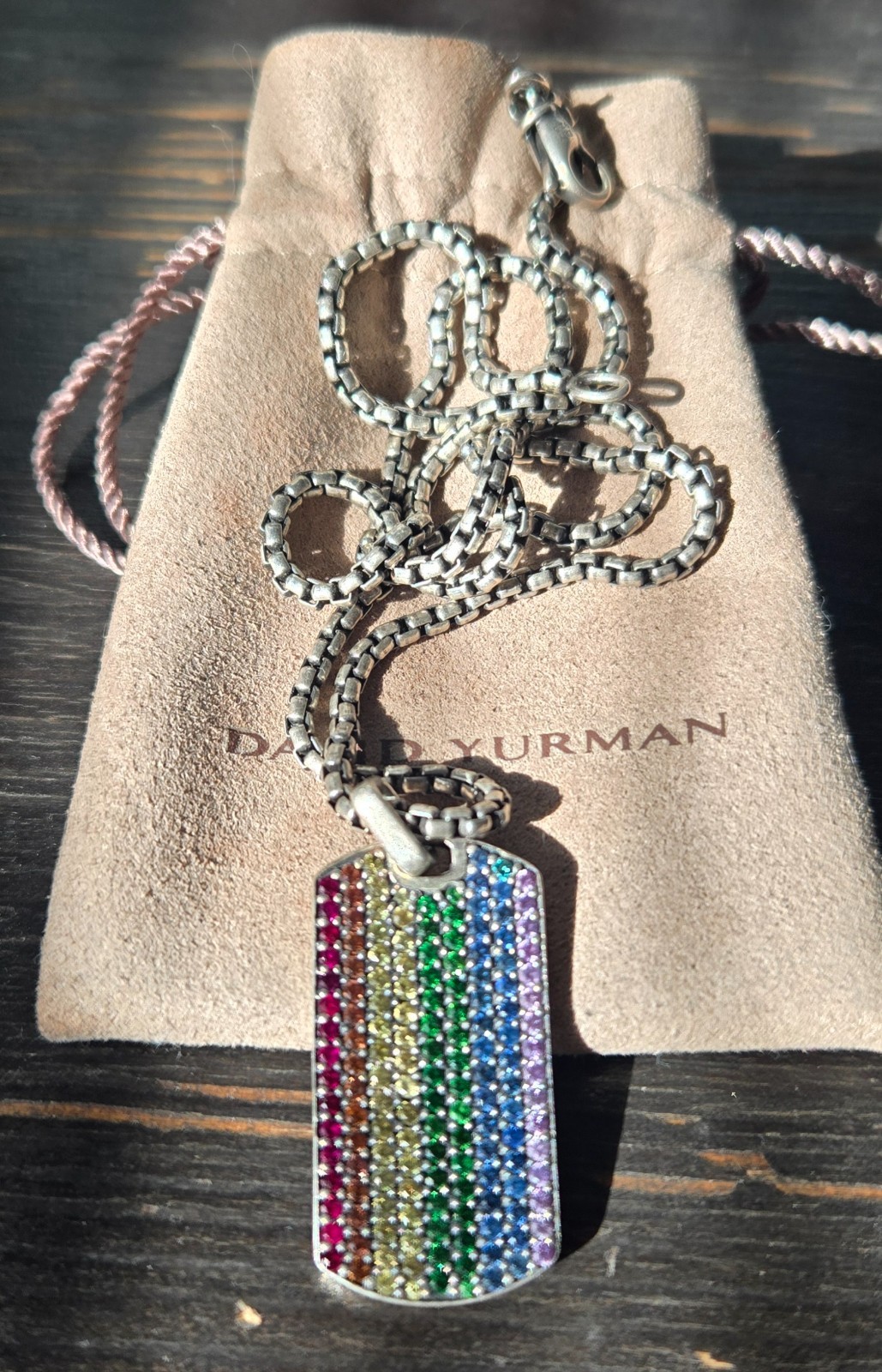 David Yurman Chevron Rainbow Dog Tag Pendant (35mm) Sterling Rainbow Pave 4.53ct