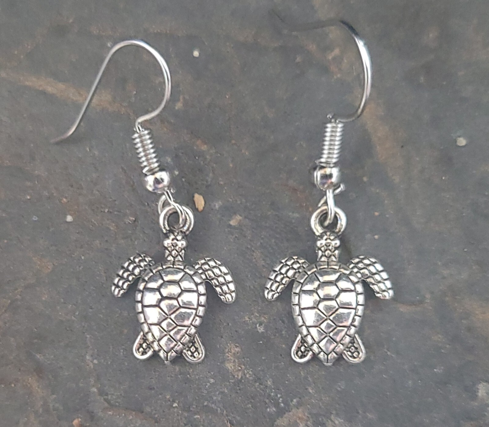 Silver Sea Turtle Earrings, Hypo Allergenic Hooks, Turtle Jewelry, Handmade!