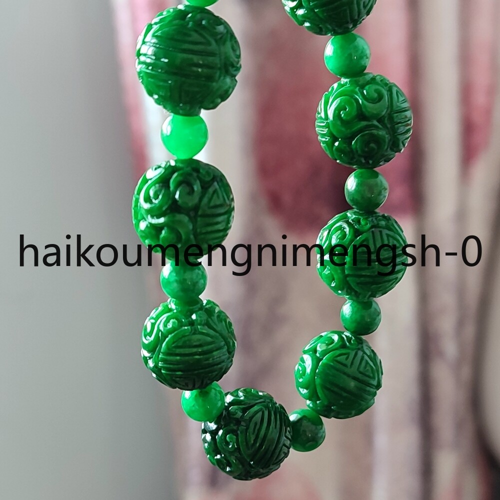 16mm Natural Green Burma Jade jadeite Carved RUYI Round Beads Bracelet 7.5″