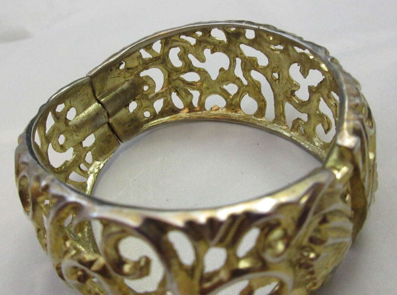 Vintage Open Work 1 1/4 Inch Wide Hinged Cuff Clamper Bracelet Gold Tone As Is