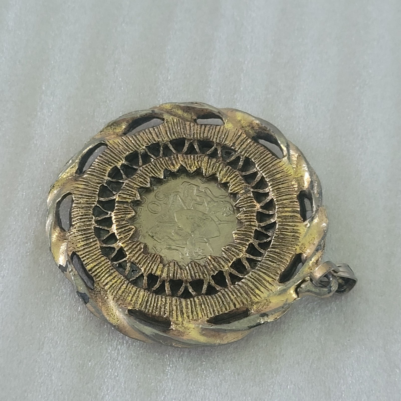 Vintage Kenya Mzee Jomo Kenyatta Coin Pendant Blue Rhinestone Halo Gold Tone