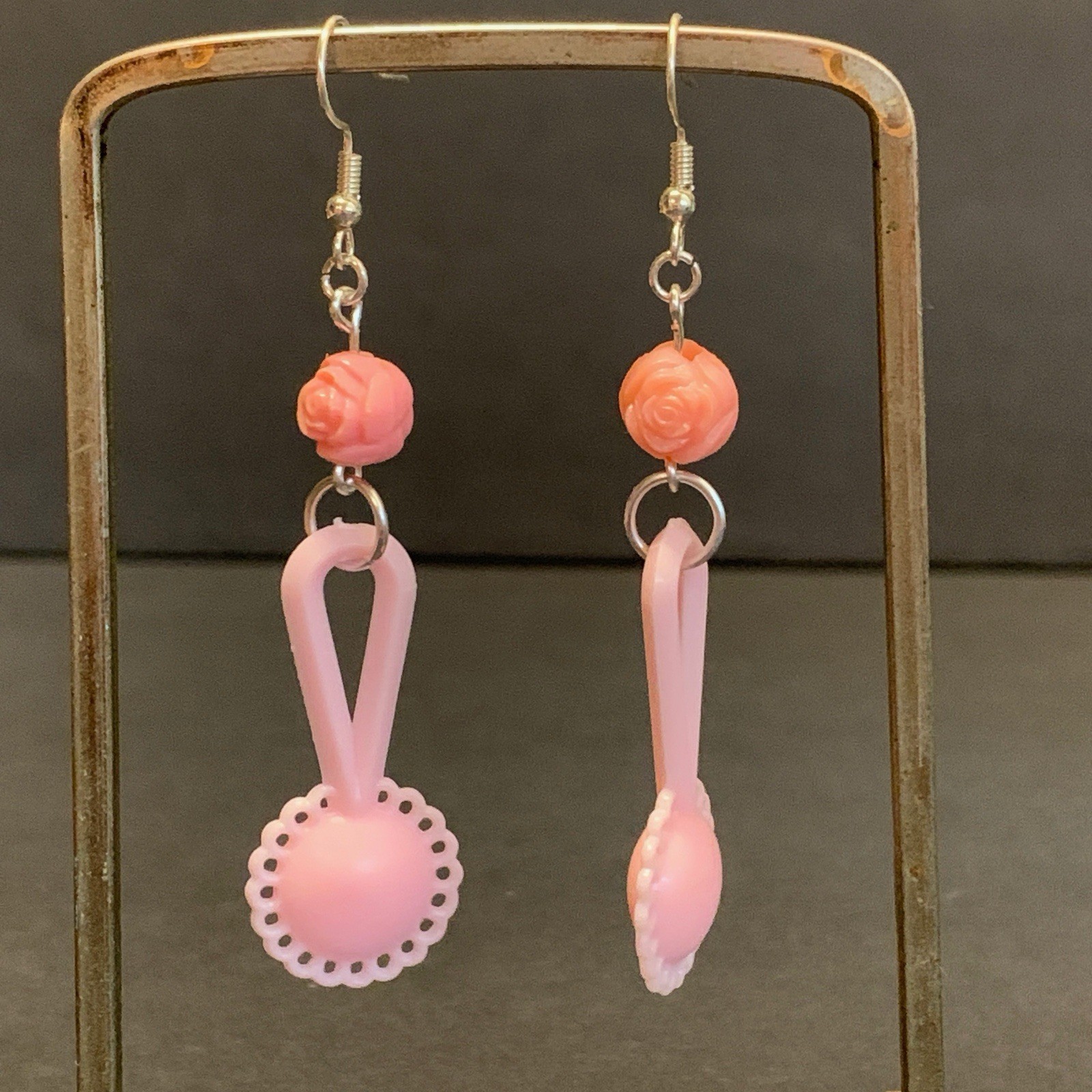 Baby Shower Earrings Pink Rattle Rose Handmade Gift Cute Pastel Gender Reveal