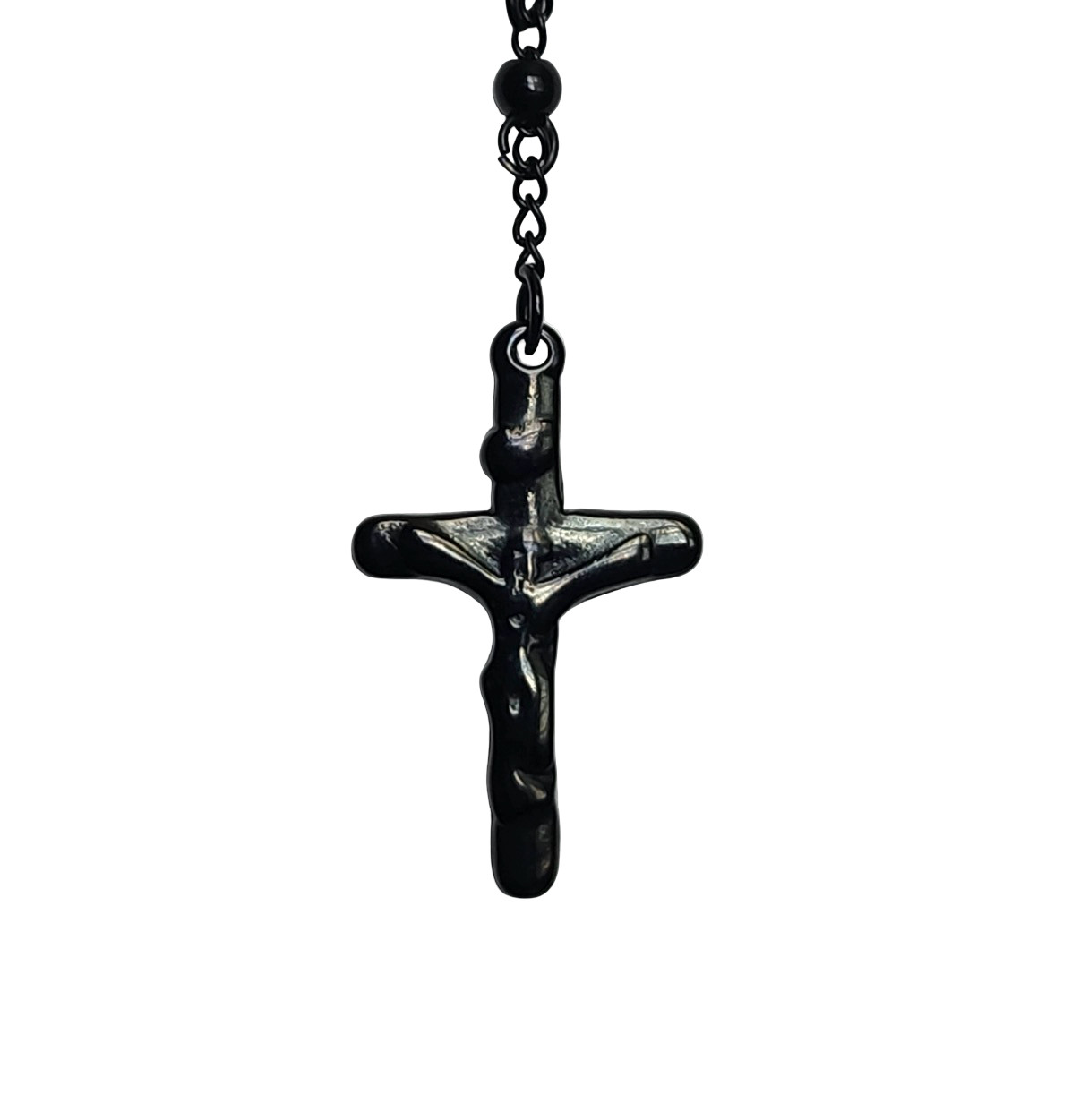 PURE LUX BLACK STAINLESS STEEL ROSARY CROSS NECKLACE – 24″