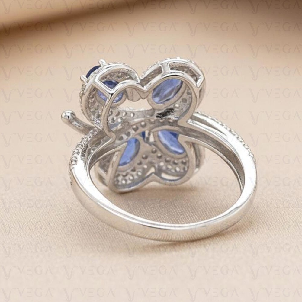 6Ct Oval Cut Natural Tanzanite And Diamond Butterfly Ring 18K White Gold Filled