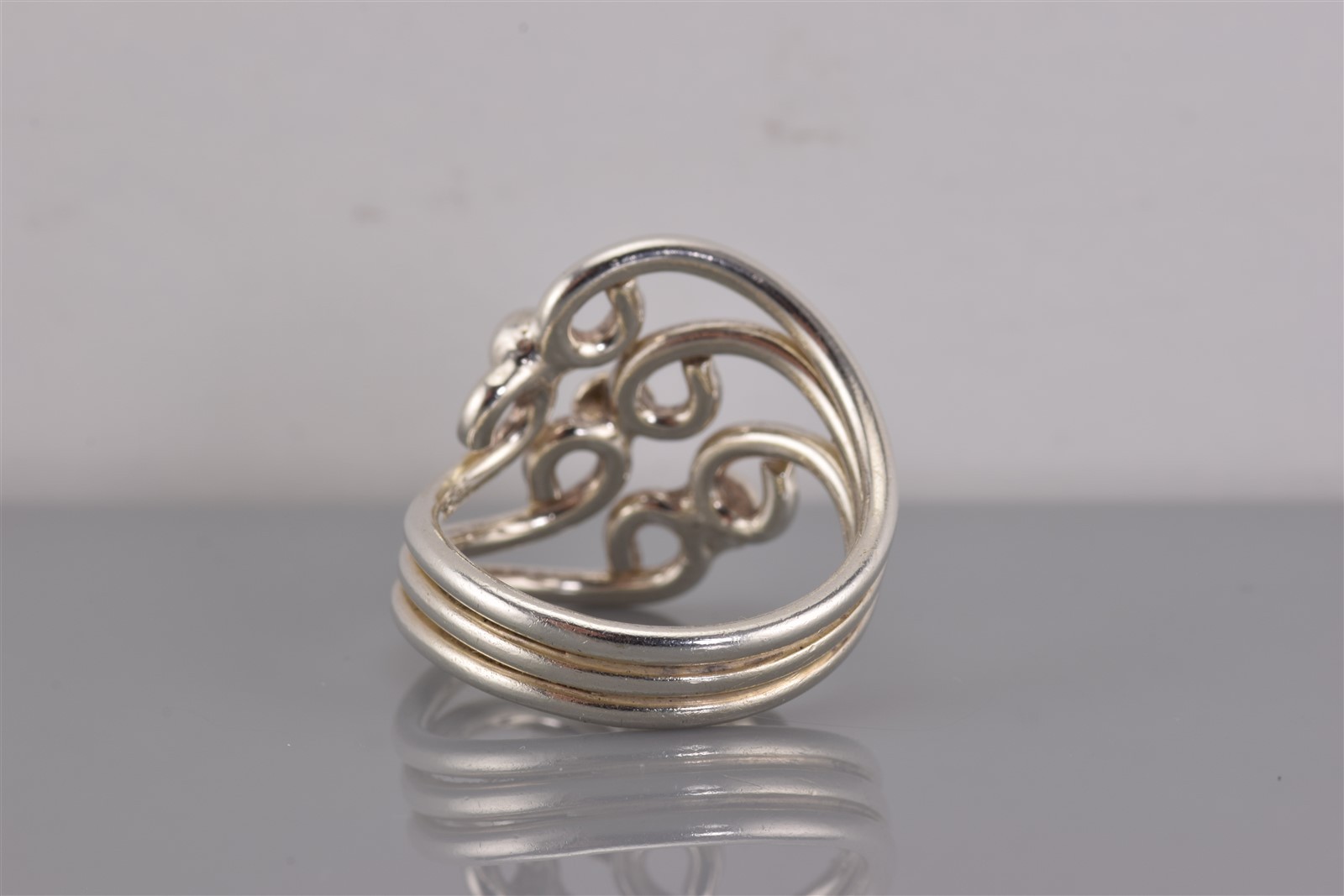 Sterling Silver Offset Beaded Swirled Loop Triple Band Ring 925 Sz: 8