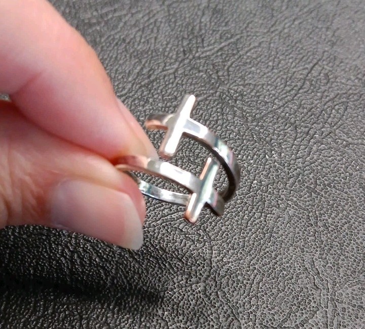 Pillar of Faith Double Cross Silver Tone Adj Band Ring Size 7 “My Saint My Hero”