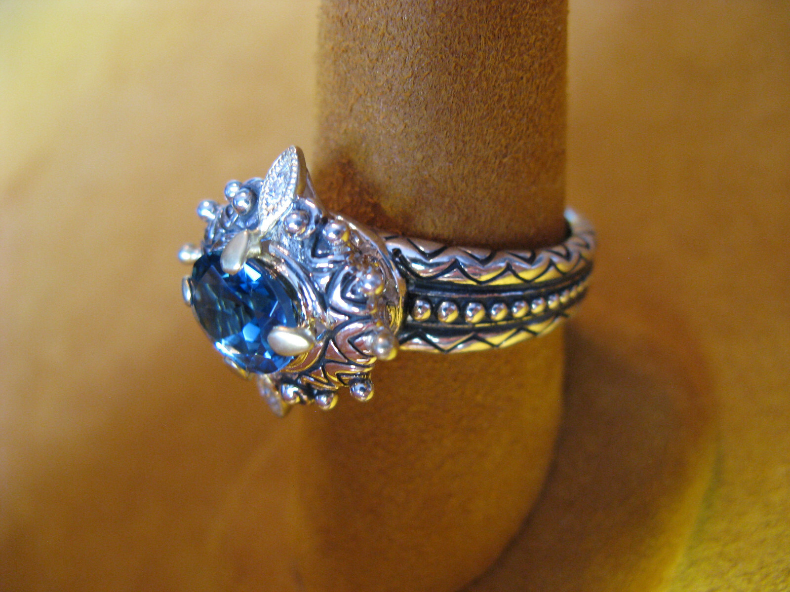 BARBARA BIXBY TOPAZ BLUE WHITE DIAMOND GEMSTONE RING FLOWER SIZE 8 SS 18K Gift