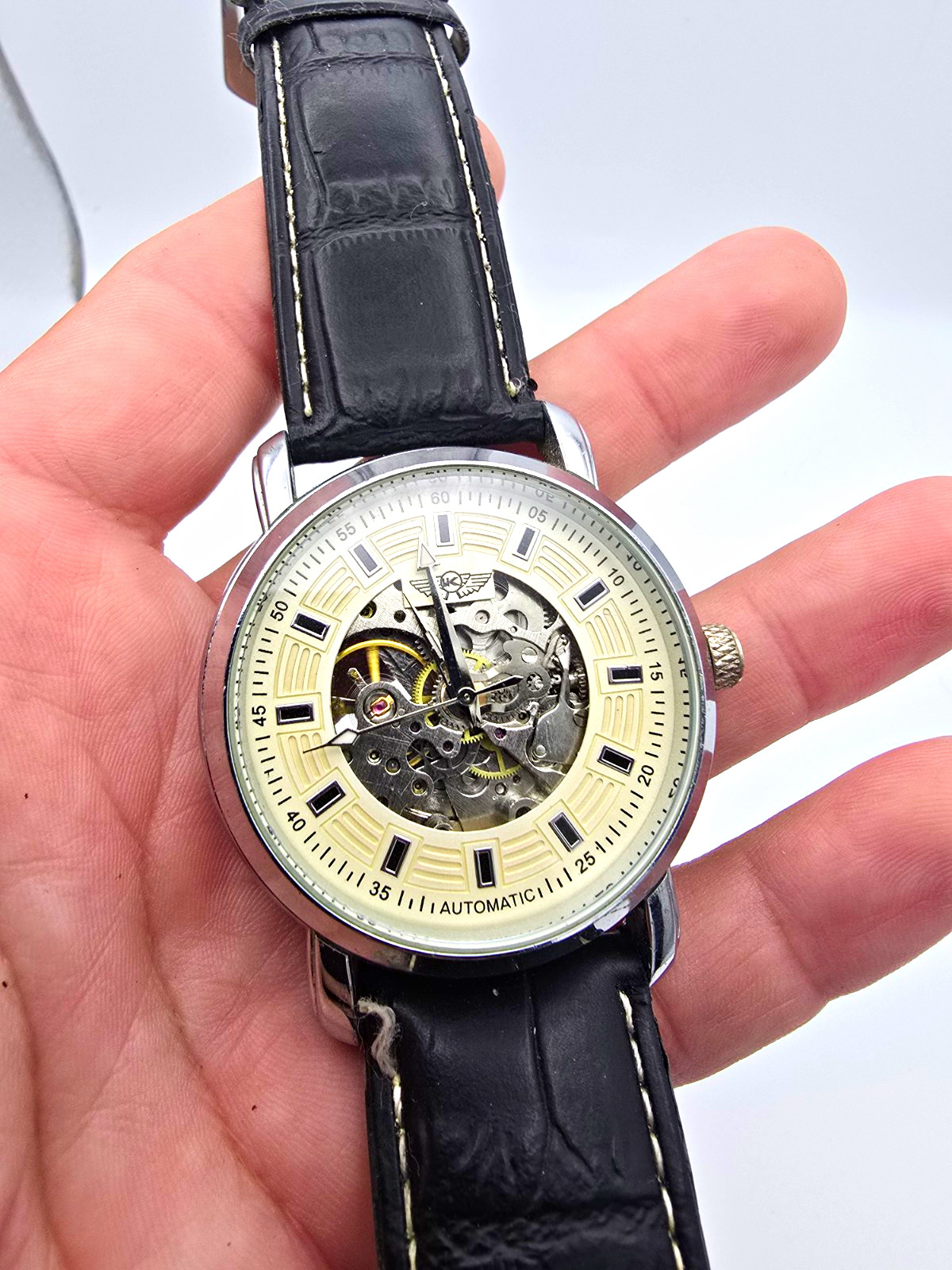 Automatic Skeleton Dial Watch Silver Tone SS Case Black Leather Strap Exhb Cbk
