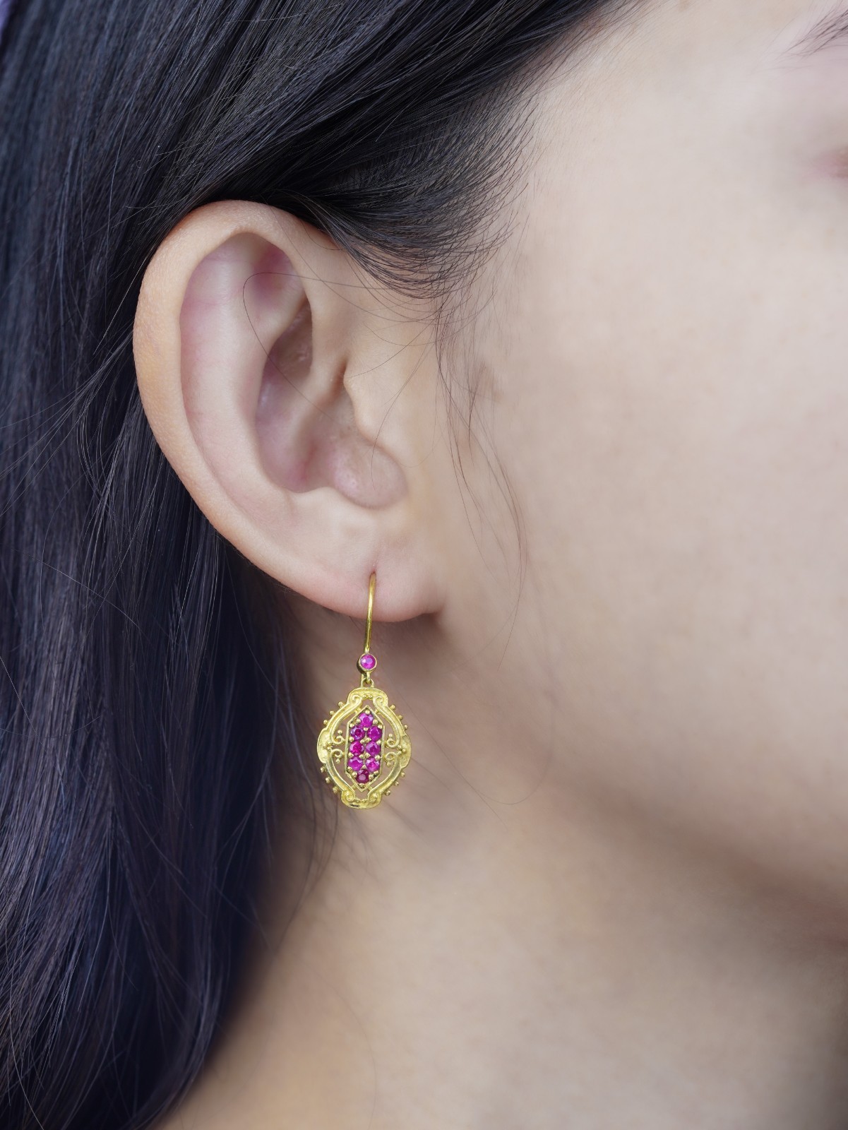 9K Gold Natural Ruby Cluster Vintage Style Drop Earrings