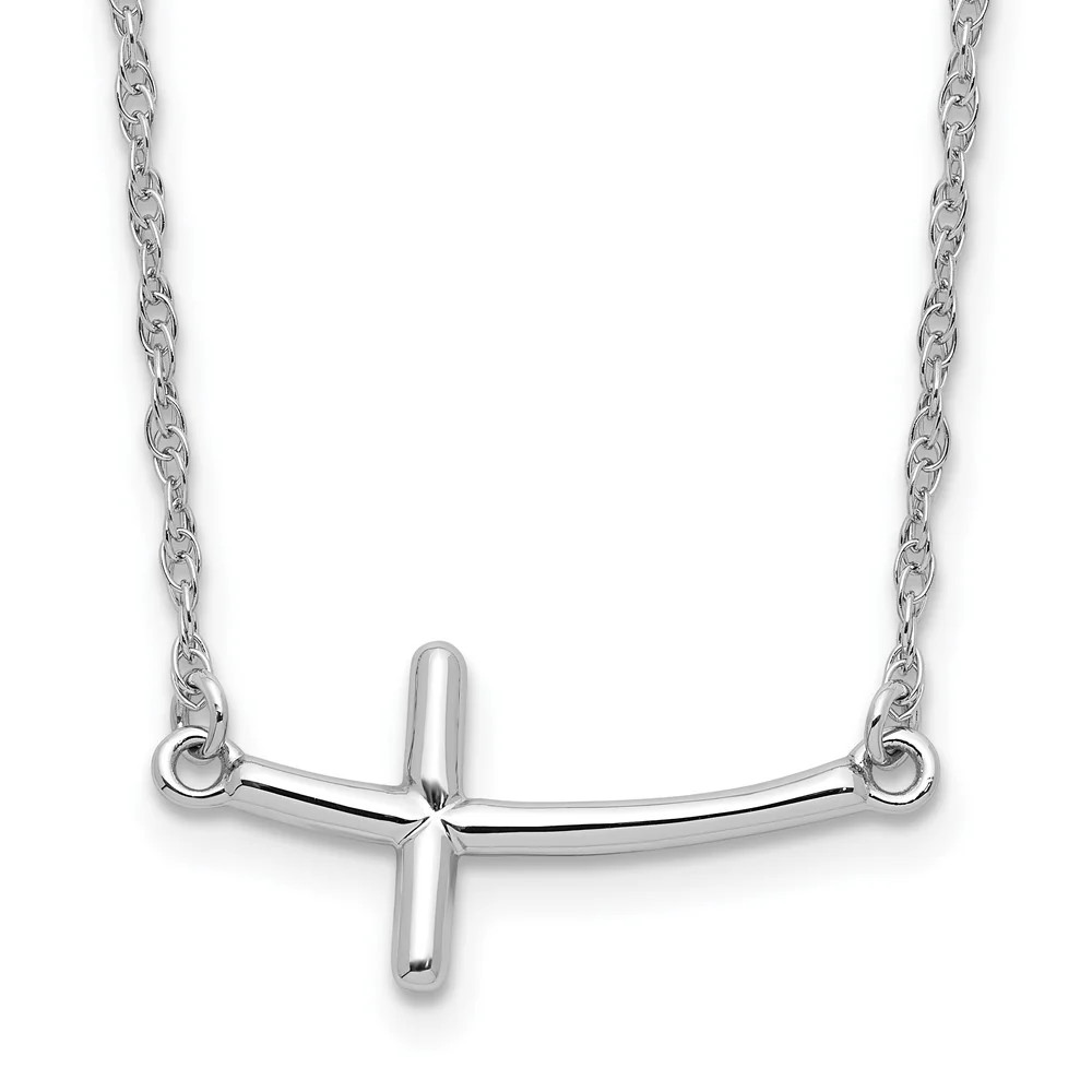 Sterling Silver Rhodium-Plated Large Sideways Curved Cross Necklace