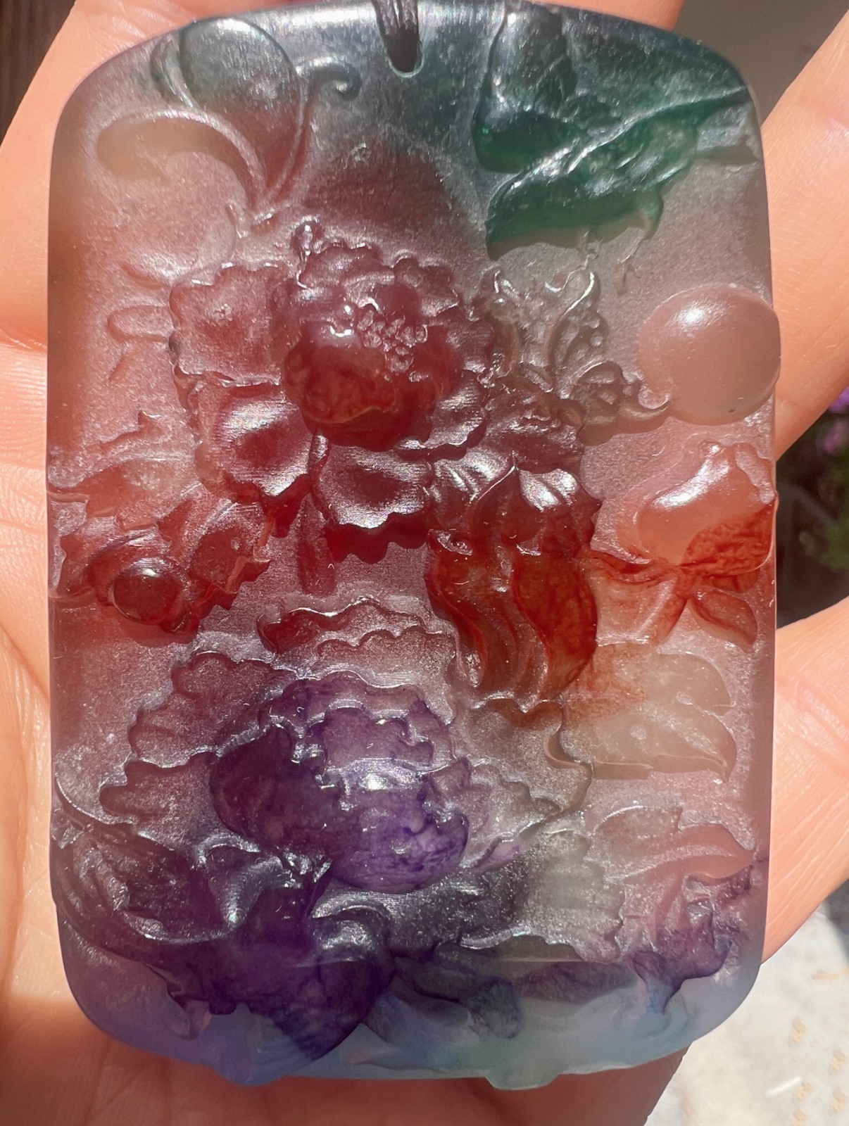 Natural Burmese Rainbow Amber Pendant Peony Carving Luminous Collectible Gift
